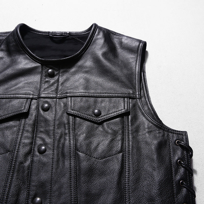 Motorcycle Skull Wings Leather Vest Side Laces