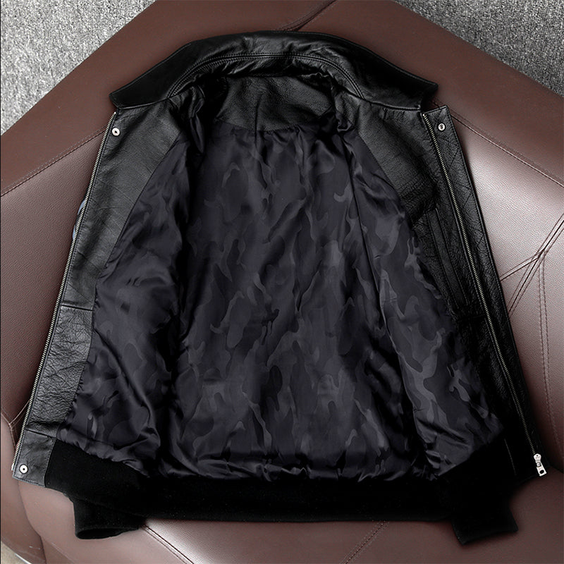 Men's Embroidered Bomber Flight Genuine Cowhide Leather Jacket