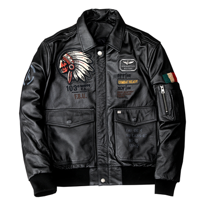 Men's Embroidered Bomber Flight Genuine Cowhide Leather Jacket