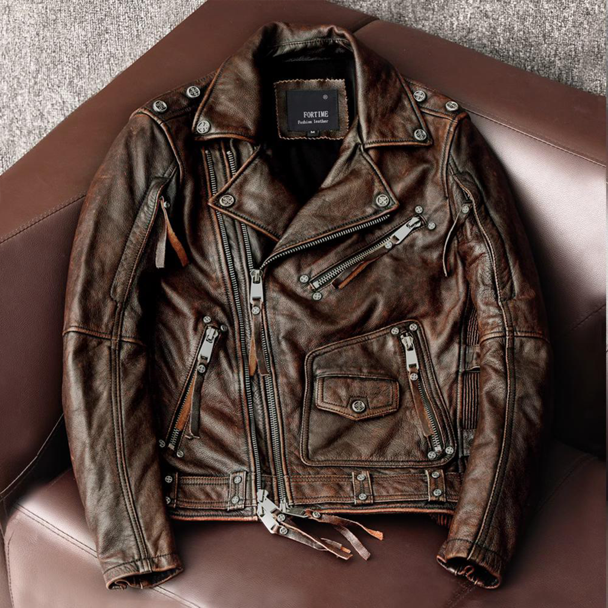 Nostalgic Retro Motorcycle Genuine Leather Jacket