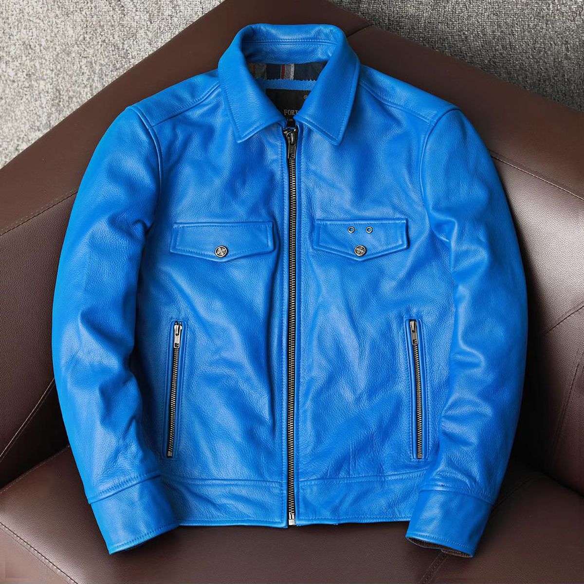 Korean Style Blue Biker Leather Jacket