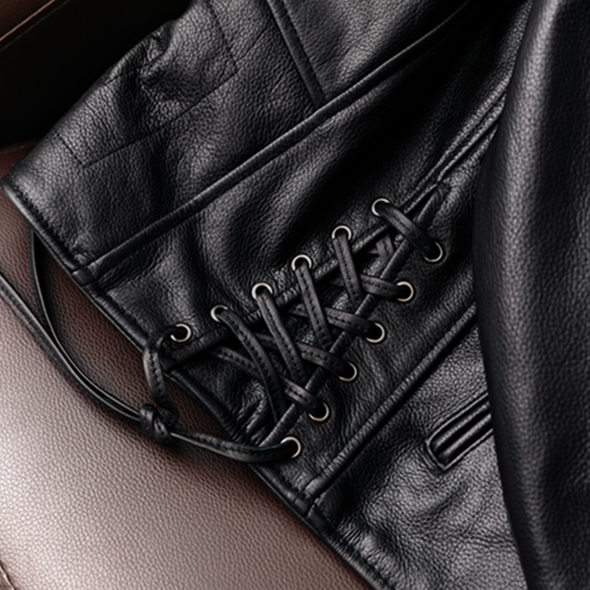 Large Lapel Plaid Back Genuine Leather Jacket