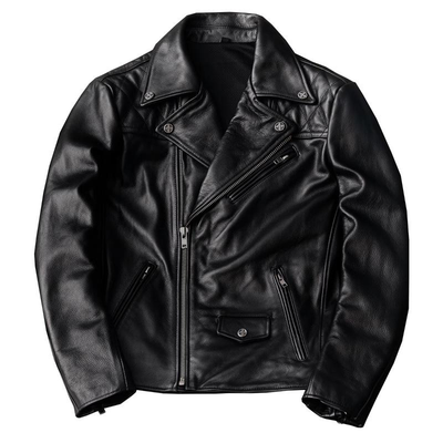 Large Lapel Plaid Back Genuine Leather Jacket