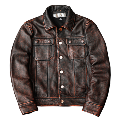 Men's Red-brown Vintage Leather Denim Biker Jacket