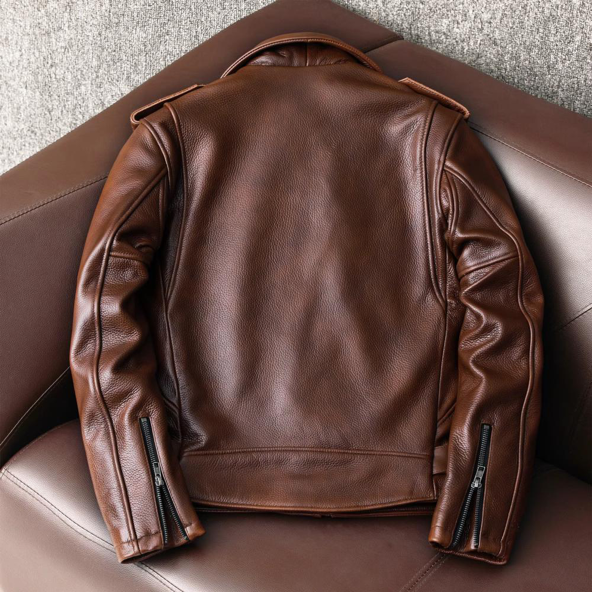 Men's Red-brown Oil Wax Leather Motorcycle Biker Jacket