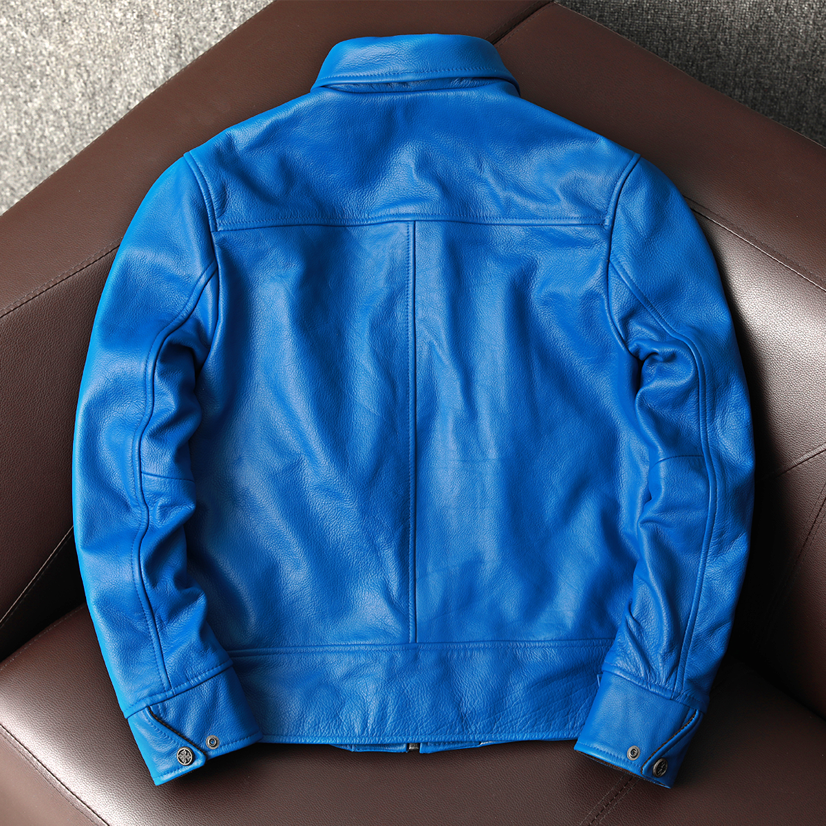 Men's Blue Leather Korean Style Motorcycle Biker Jacket