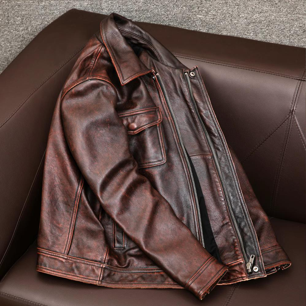 Heavy Brown Motorcycle Genuine Leather Jacket