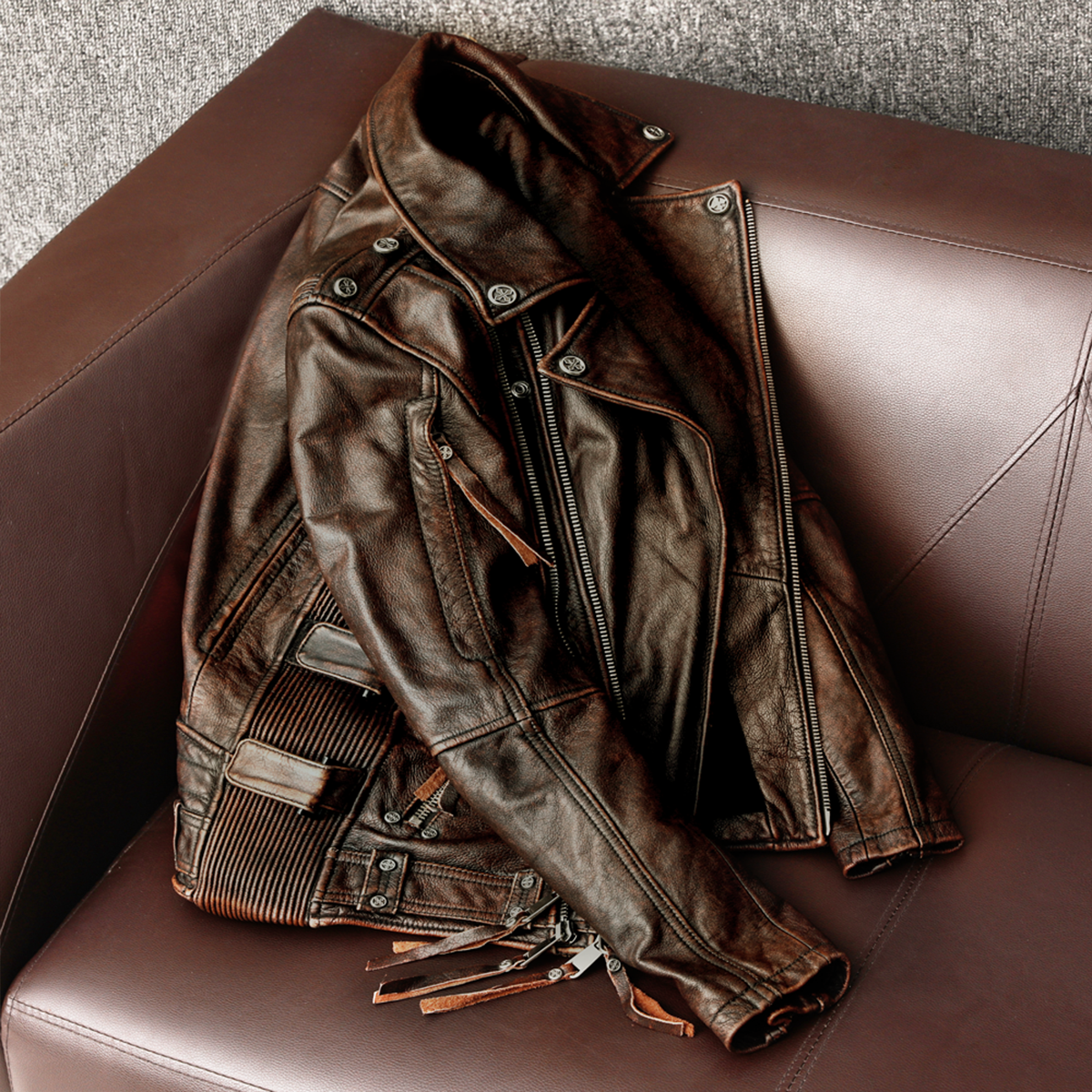 Men's Dark-brown Vintage Leather Motorcycle Biker Jacket