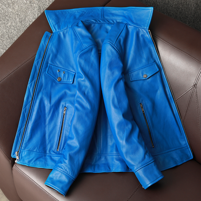 Men's Blue Leather Korean Style Motorcycle Biker Jacket