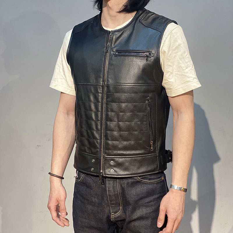 Striped Sew Double-Open Cowhide Leather Vest