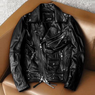 Men's Heavy Black Biker Motorcycle Leather Jacket