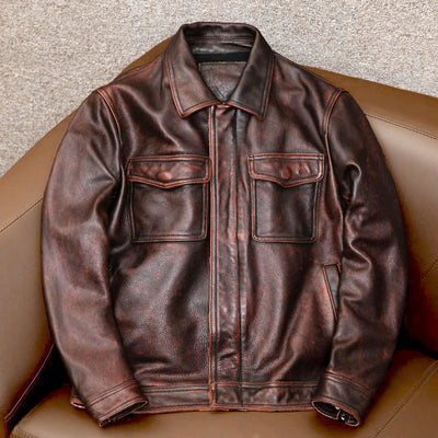 Heavy Brown Motorcycle Genuine Leather Jacket