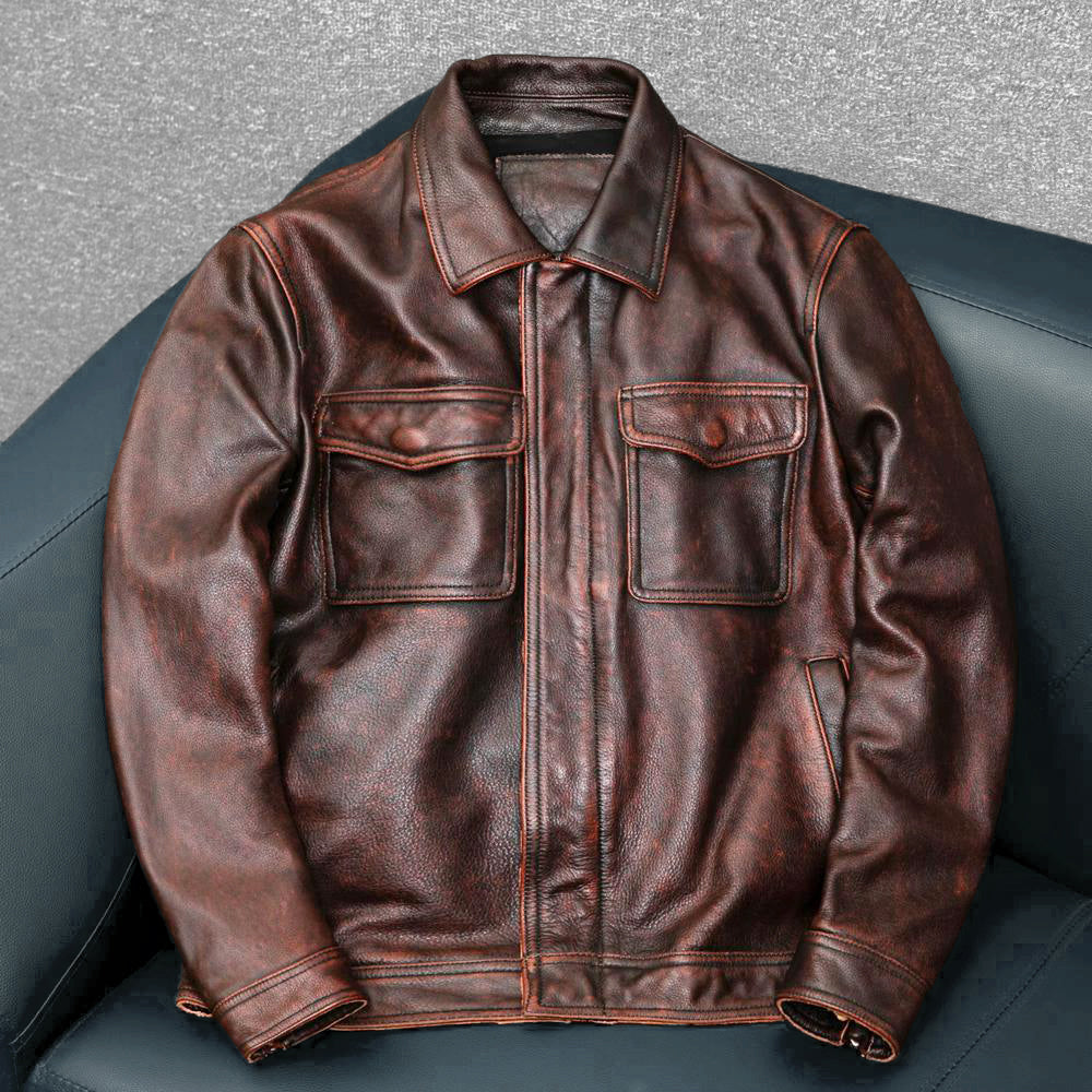 Heavy Brown Motorcycle Genuine Leather Jacket