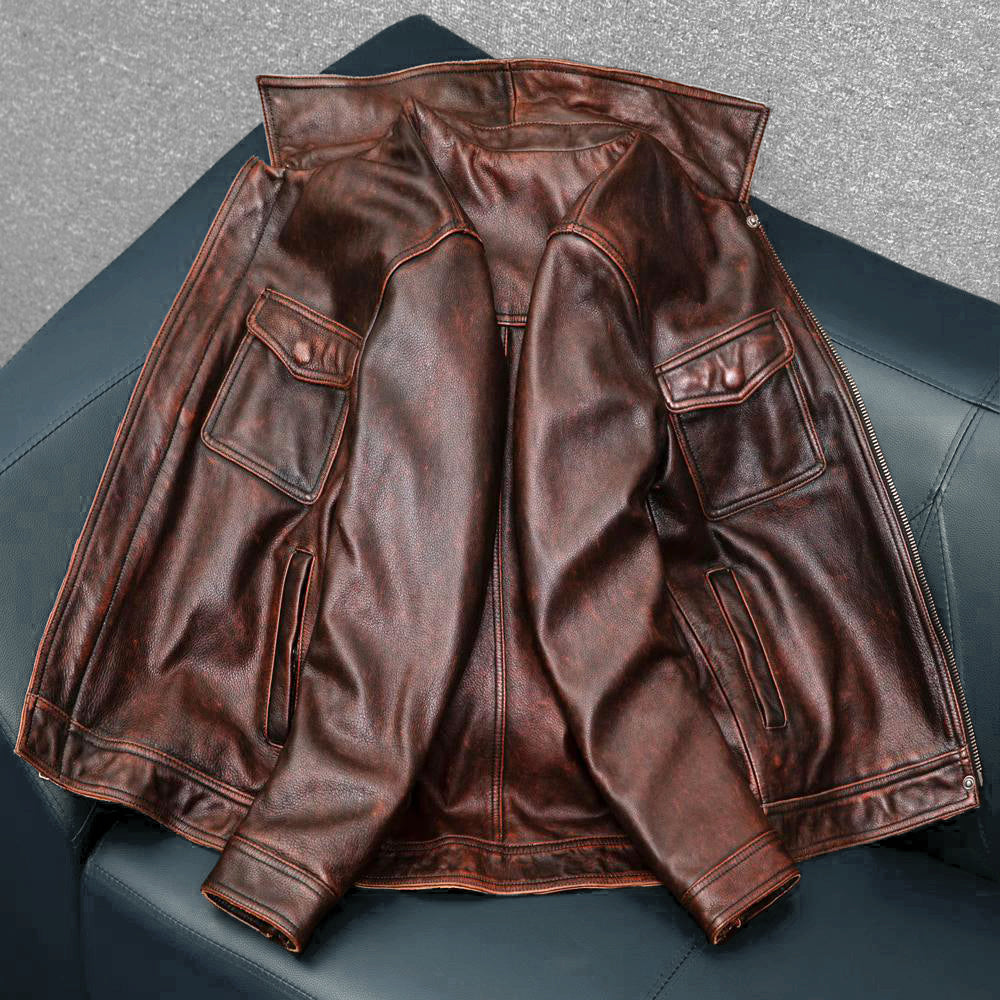 Heavy Brown Motorcycle Genuine Leather Jacket
