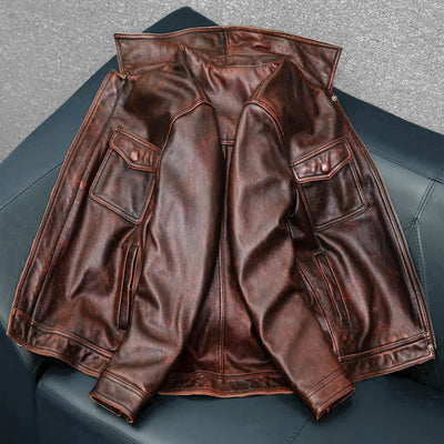 Heavy Brown Motorcycle Genuine Leather Jacket