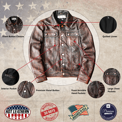 Men's Red-brown Vintage Leather Denim Biker Jacket
