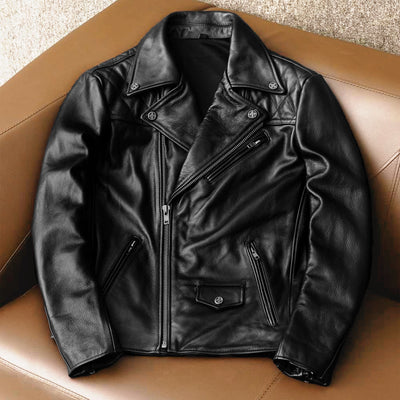 Large Lapel Plaid Back Genuine Leather Jacket