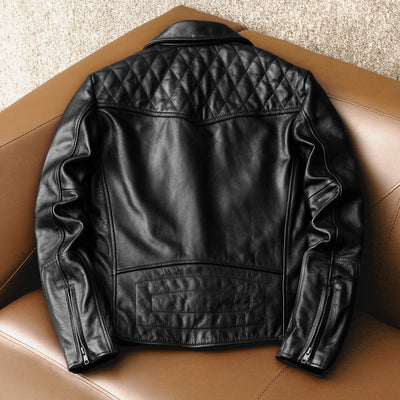 Large Lapel Plaid Back Genuine Leather Jacket