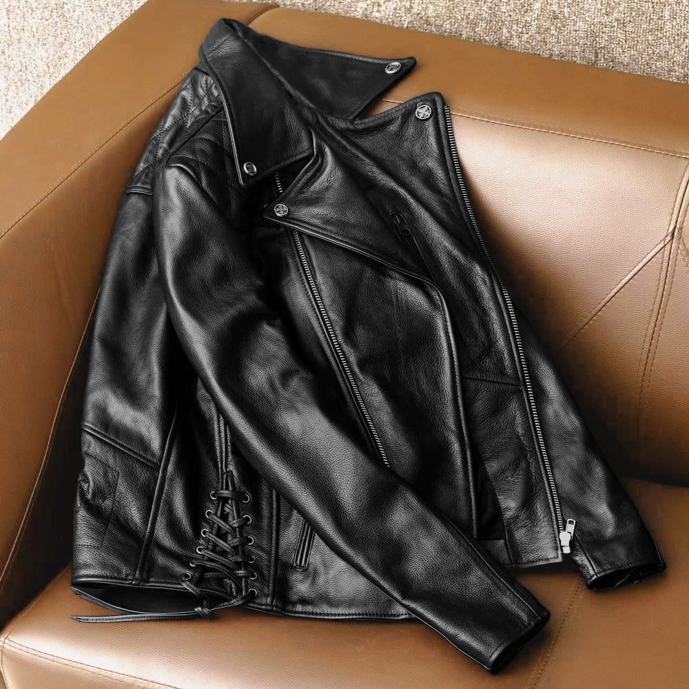 Large Lapel Plaid Back Genuine Leather Jacket