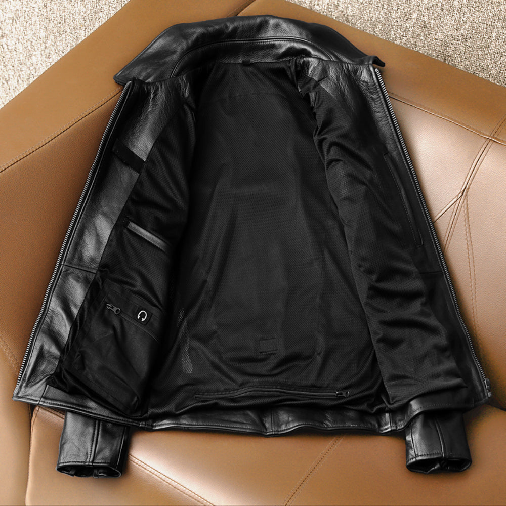 Large Lapel Plaid Back Genuine Leather Jacket