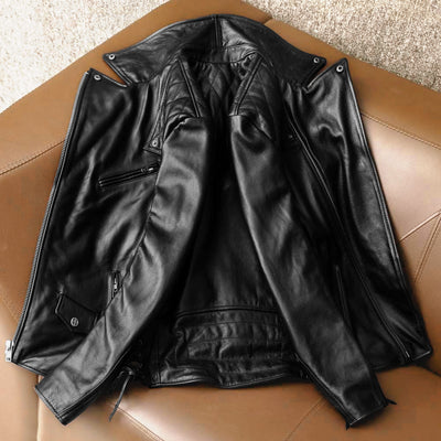 Large Lapel Plaid Back Genuine Leather Jacket