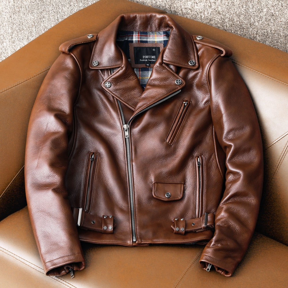 Biker Oil Wax Thick Cowhide Leather Jacket