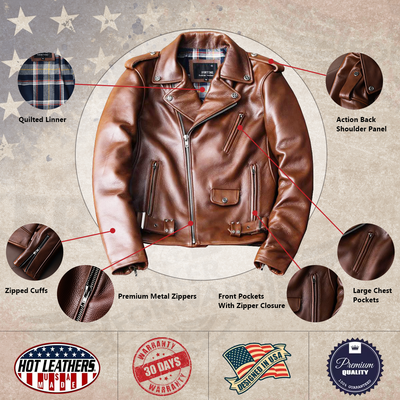 Men's Red-brown Oil Wax Leather Motorcycle Biker Jacket