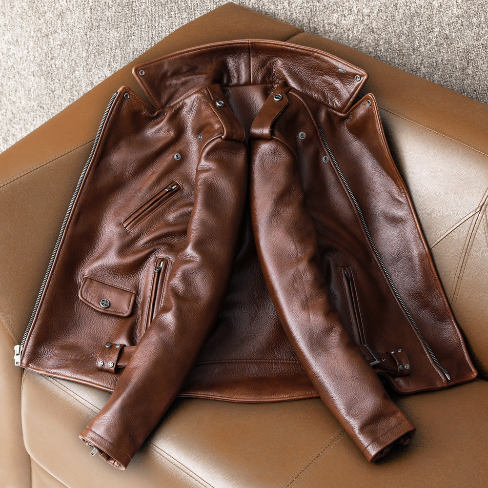 Biker Oil Wax Thick Cowhide Leather Jacket