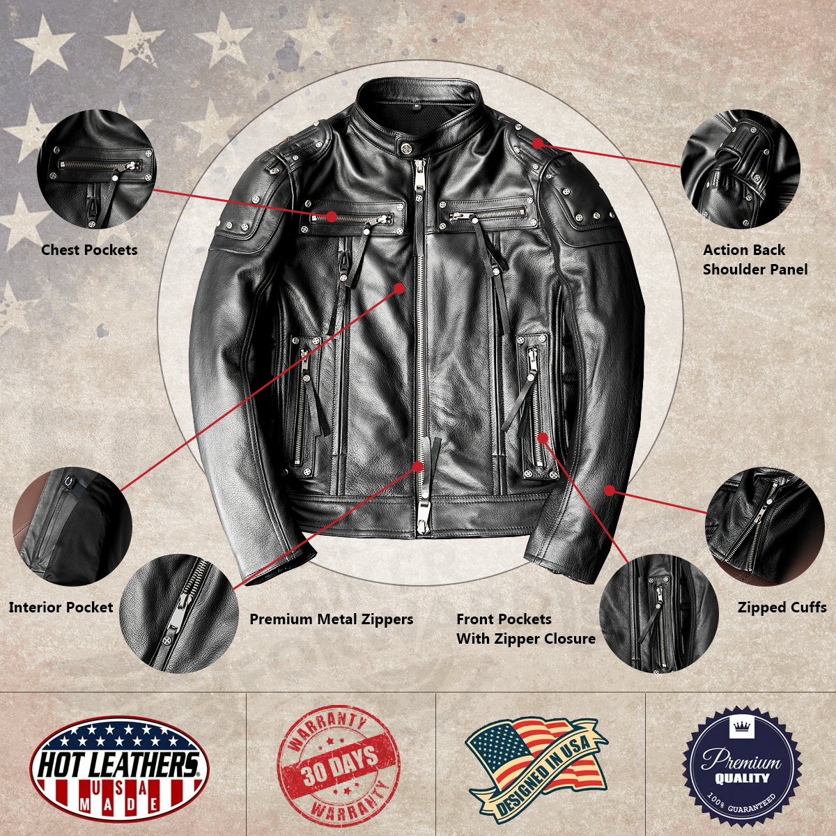 Men's Black Rivet Leather Armour Available Motorcycle Biker Jacket