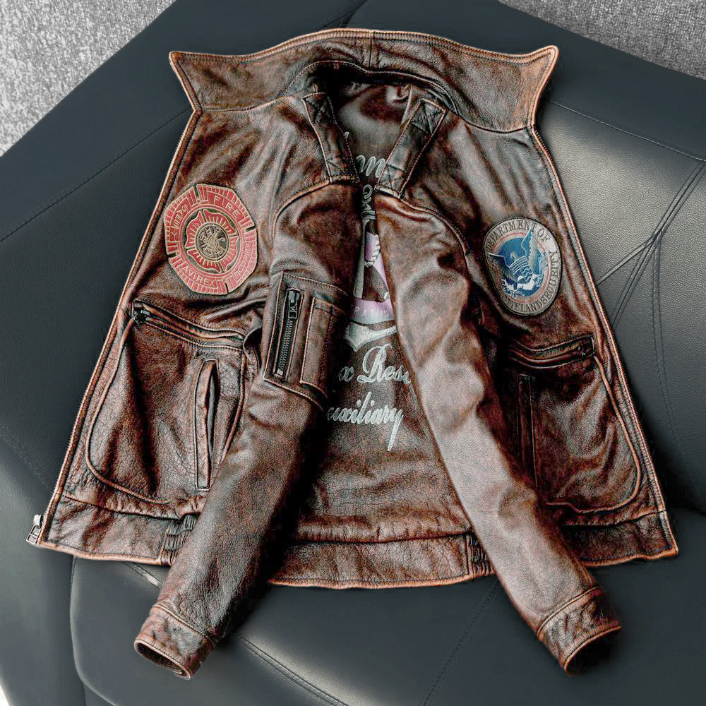 Bomber Badge Retro Motorcycle Leather Jacket