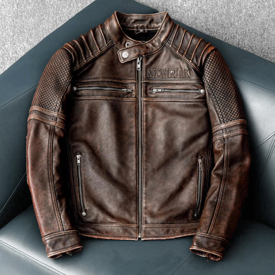 Heavy Brown Stand Collar Motorcycle Leather Jacket