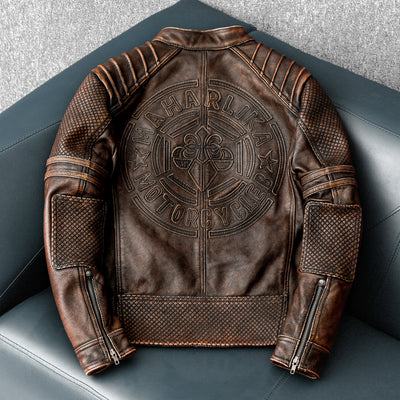 Heavy Brown Stand Collar Motorcycle Leather Jacket