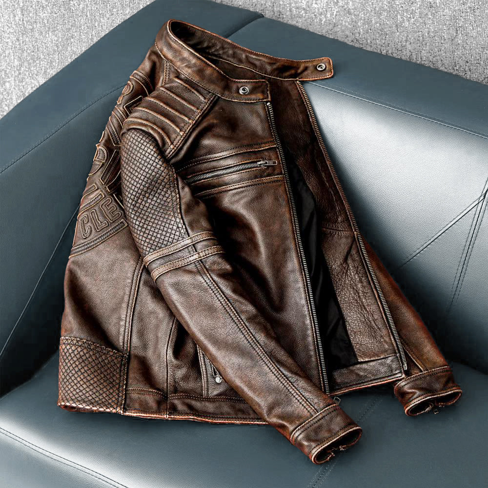 Heavy Brown Stand Collar Motorcycle Leather Jacket