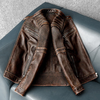 Heavy Brown Stand Collar Motorcycle Leather Jacket
