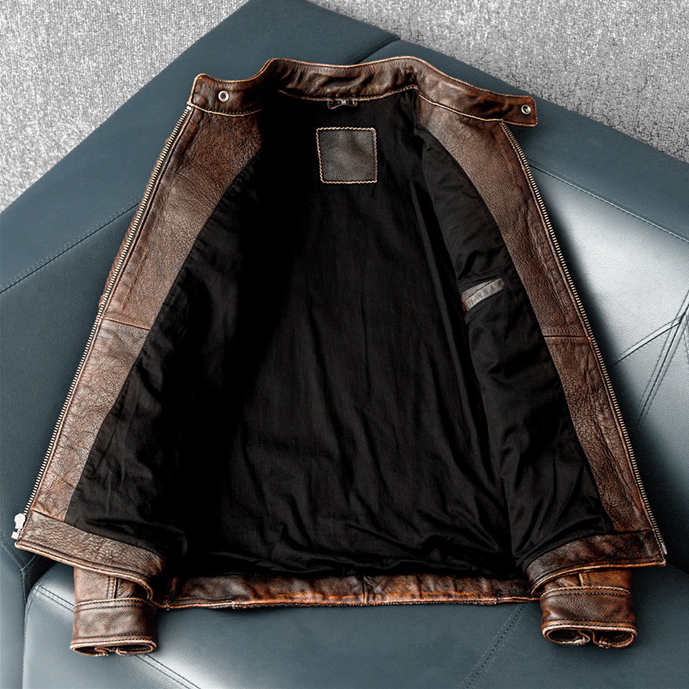 Heavy Brown Stand Collar Motorcycle Leather Jacket