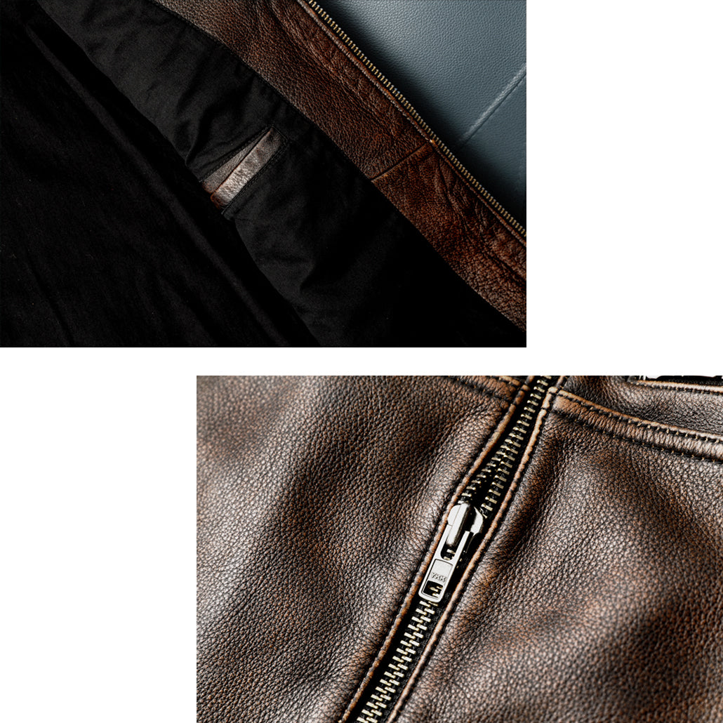 Heavy Brown Stand Collar Motorcycle Leather Jacket