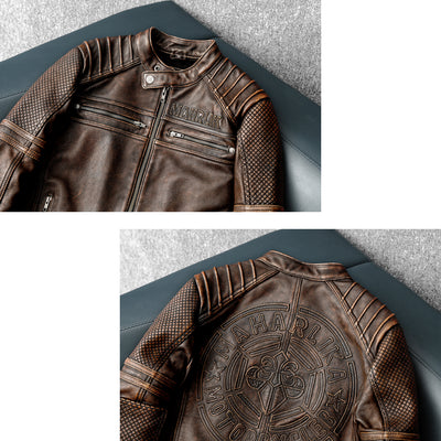 Heavy Brown Stand Collar Motorcycle Leather Jacket