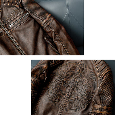 Heavy Brown Stand Collar Motorcycle Leather Jacket
