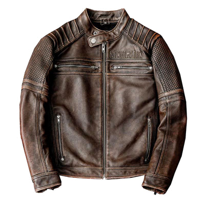 Heavy Brown Stand Collar Motorcycle Leather Jacket
