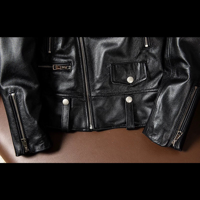 Large Lapel Elegant Style Genuine Leather Jacket