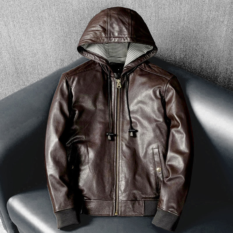 Hooded Casual Versatile Motorcycle Leather Jacket