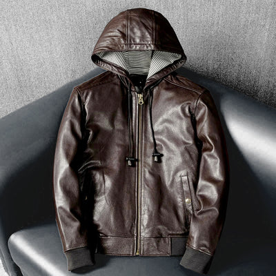 Hooded Casual Versatile Motorcycle Leather Jacket