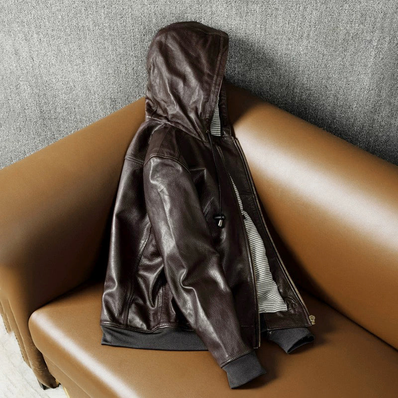 Hooded Casual Versatile Motorcycle Leather Jacket
