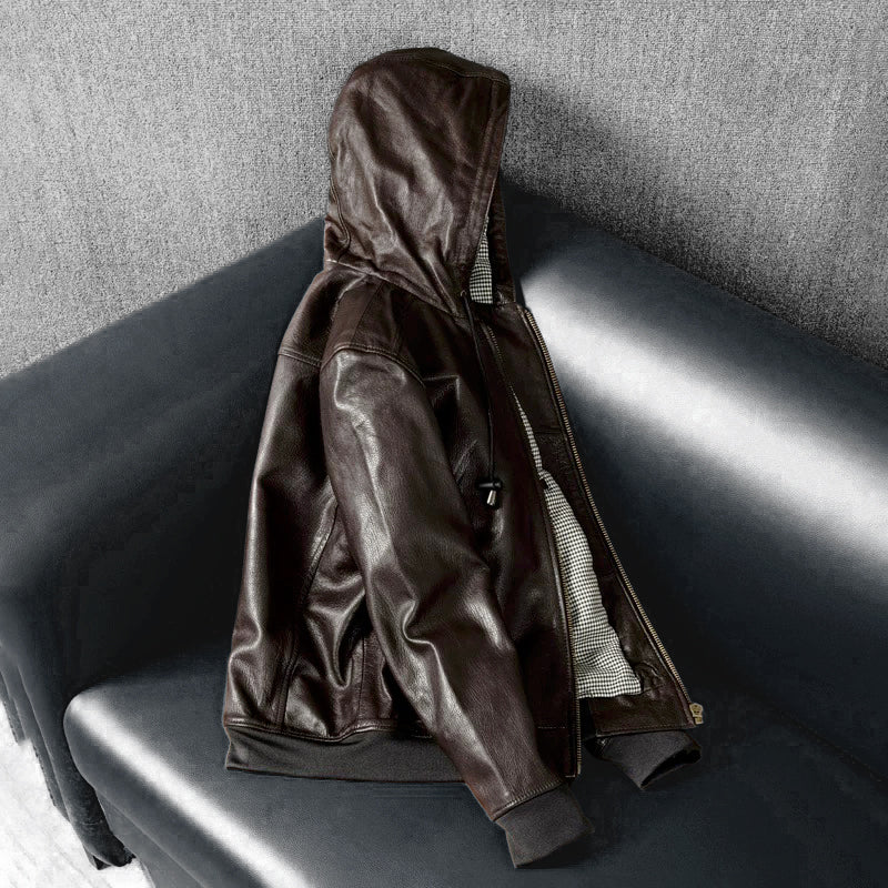Hooded Casual Versatile Motorcycle Leather Jacket