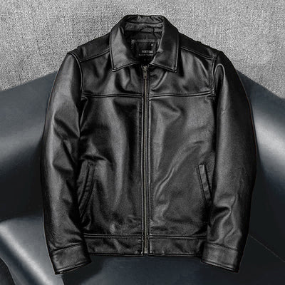 Black Short Motorcycle Genuine Leather Jacket