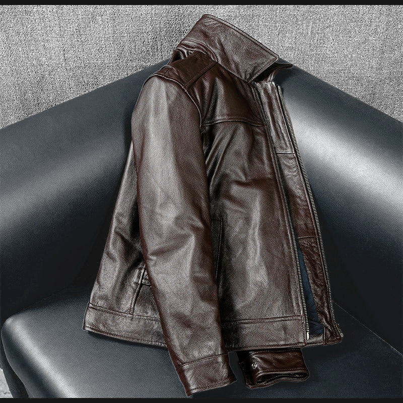 Brown Short Motorcycle Genuine Leather Jacket