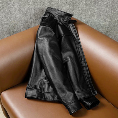 Black Short Motorcycle Genuine Leather Jacket