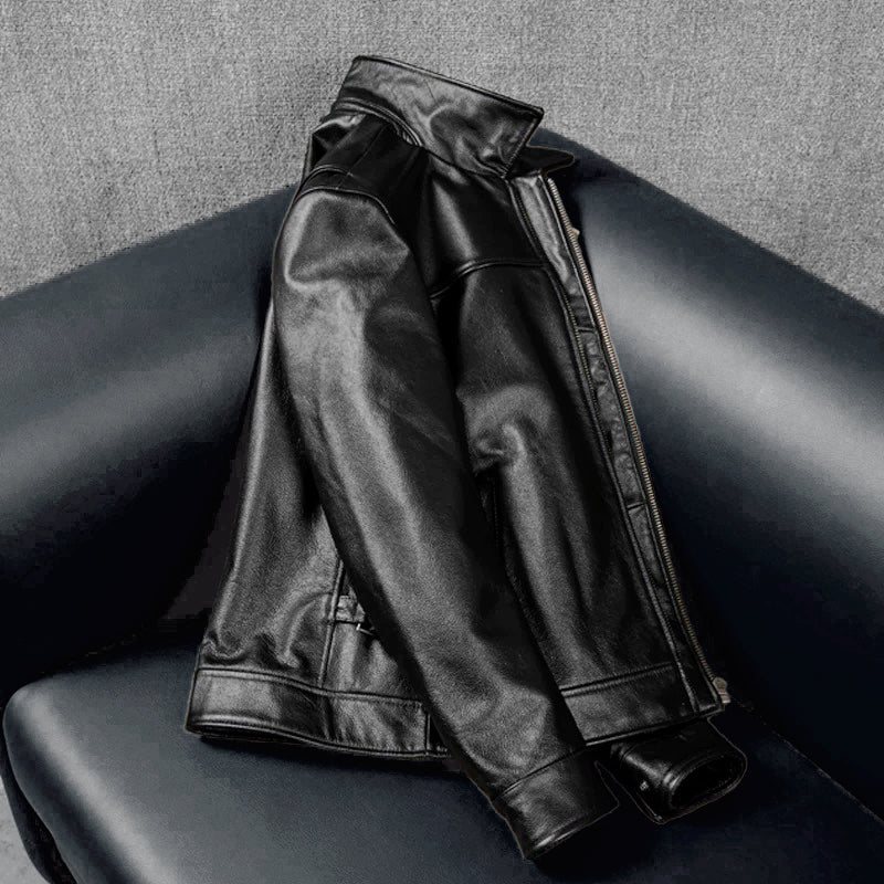 Black Short Motorcycle Genuine Leather Jacket