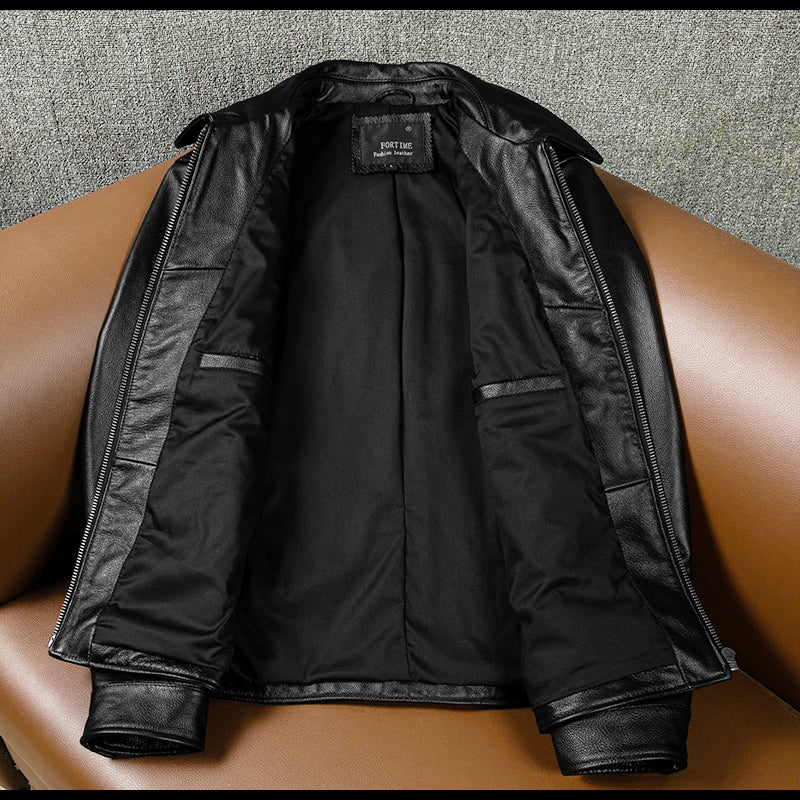 Black Short Motorcycle Genuine Leather Jacket