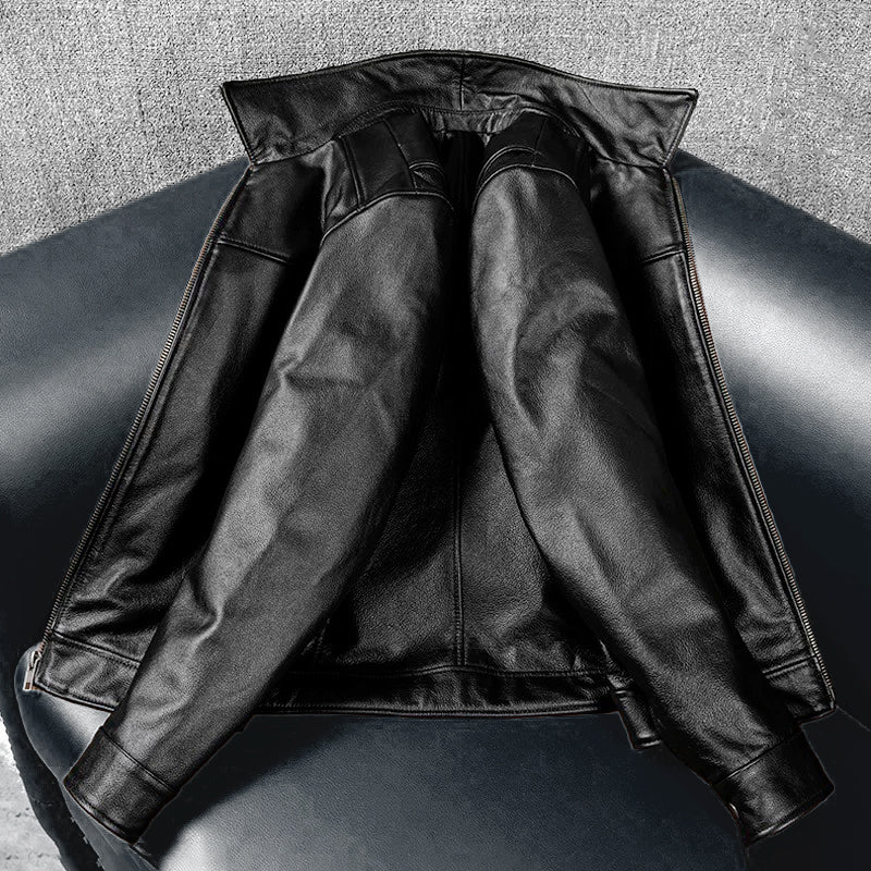 Black Short Motorcycle Genuine Leather Jacket